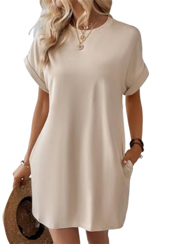 ORANDESIGNE Sommerkleid Damen Casual Sommer Tshirt Kleid Locker Rundhals Kurzarm Longshirt Mini Kleider Elegant Tunika Kleid Shirtkleid Strandkleid Freizeitkleid mit Taschen A Beige M von ORANDESIGNE