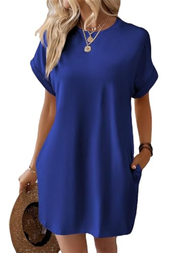 ORANDESIGNE Sommerkleid Damen Casual Sommer Tshirt Kleid Locker Rundhals Kurzarm Longshirt Mini Kleider Elegant Tunika Kleid Shirtkleid Strandkleid Freizeitkleid mit Taschen A Blau XXL von ORANDESIGNE