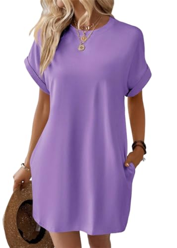 ORANDESIGNE Sommerkleid Damen Casual Sommer Tshirt Kleid Locker Rundhals Kurzarm Longshirt Mini Kleider Elegant Tunika Kleid Shirtkleid Strandkleid Freizeitkleid mit Taschen A Lila L von ORANDESIGNE