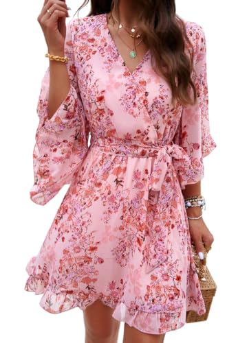 ORANDESIGNE Sommerkleid Damen Chiffon Minikleid V-Ausschnitt Wickelkleid Ausgestellter Halbe Ärmel Elegant Blumenkleid Rüsche Hohe Taille Freizeitkleid mit Gürtel Strandkleider A Rosa L von ORANDESIGNE