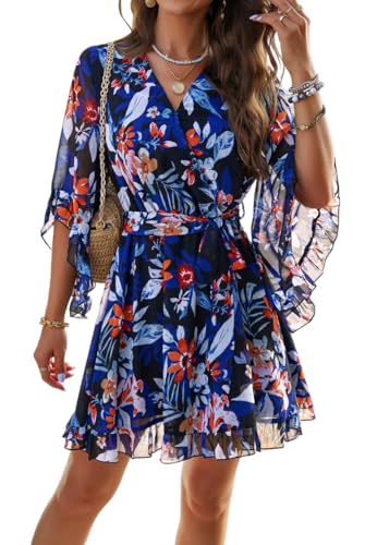 ORANDESIGNE Sommerkleid Damen Chiffon Minikleid V-Ausschnitt Wickelkleid Ausgestellter Halbe Ärmel Elegant Blumenkleid Rüsche Hohe Taille Freizeitkleid mit Gürtel Strandkleider A Schwarz M von ORANDESIGNE