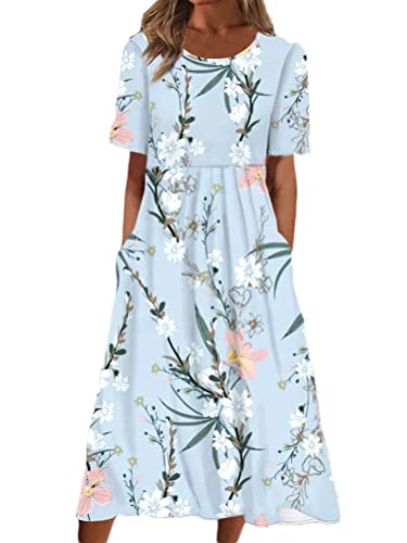 ORANDESIGNE Sommerkleid Damen Elegant Kleider Kurzarm V-Ausschnitt Strandkleid Blumen Knielang Kleid Partykleid H Blau L von ORANDESIGNE
