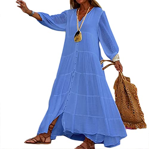ORANDESIGNE Sommerkleid Damen Kleid Elegant V-Ausschnitt Langarm Bedrucktes Strandkleid Casual Lose Lang Kleid Boho Vintage Maxi Kleider M Blau XL von ORANDESIGNE