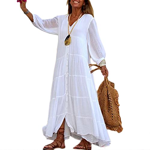 ORANDESIGNE Sommerkleid Damen Kleid Elegant V-Ausschnitt Langarm Bedrucktes Strandkleid Casual Lose Lang Kleid Boho Vintage Maxi Kleider M Weiß S von ORANDESIGNE