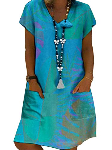 ORANDESIGNE Sommerkleid Damen Kleider V-Ausschnitt Strandkleider Einfarbig A-Linie Kleid Boho Knielang Kleid D Hellblau 48 Ohne Zubehör von ORANDESIGNE