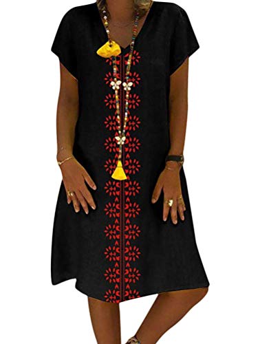 ORANDESIGNE Sommerkleid Damen Kleider V-Ausschnitt Strandkleider Einfarbig A-Linie Kleid Boho Knielang Kleid Ohne Zubehör A Schwarz 46 von ORANDESIGNE