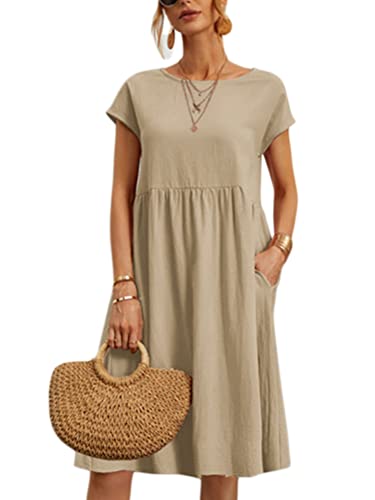 ORANDESIGNE Sommerkleid Damen Knielang Leicht Elegant Tunika Kleid Sommer Midi Freizeitkleider Strandkleid Casual Lose Swing Lässig T-Shirt Shift Kleid Locker Kleider F Khaki XL von ORANDESIGNE