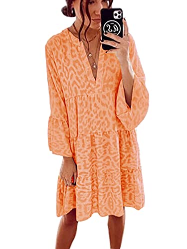 ORANDESIGNE Sommerkleid Damen Knielang V-Ausschnitt Böhmen Strandkleid 3/4 Ärmel Casual Tunika Kleid Retro Mini Kleider A-Linie Boho Volantkleider Freizeitkleider A Orange L von ORANDESIGNE