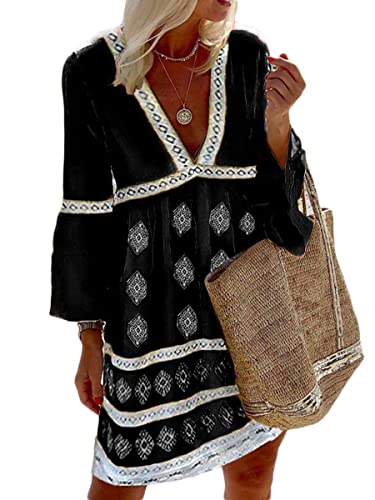 ORANDESIGNE Sommerkleid Damen Knielang V-Ausschnitt Böhmen Strandkleid 3/4 Ärmel Casual Tunika Kleid Retro Mini Kleider A-Linie Volantkleider Druck Freizeitkleider F Schwarz S von ORANDESIGNE