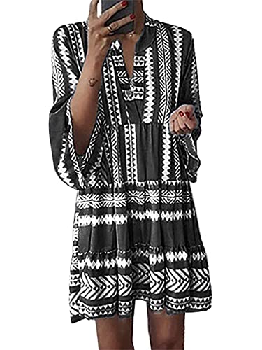 ORANDESIGNE Sommerkleid Damen Knielang V-Ausschnitt Böhmen Strandkleid 3/4 Ärmel Casual Tunika Kleid Retro Mini Kleider A-Linie Volantkleider Freizeitkleider B Schwarz XXL von ORANDESIGNE