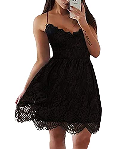 ORANDESIGNE Sommerkleid Damen Kurz Spitzenkleid Sommer V-Ausschnitt Böhmen Blumen Rückenfrei Kleid Årmellos Hohe Taille Sommerrock Casual Cocktail Abschlussball A Schwarz S von ORANDESIGNE