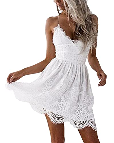 ORANDESIGNE Sommerkleid Damen Kurz Spitzenkleid Sommer V-Ausschnitt Böhmen Blumen Rückenfrei Kleid Årmellos Hohe Taille Sommerrock Casual Cocktail Abschlussball A Weiß M von ORANDESIGNE