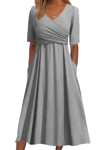 ORANDESIGNE Sommerkleid Damen Kurzarm Blusenkleid Elegant V-Ausschnitt Plissee Midikleid Casual Einfarbig Wickelkleid Hohe Taille Lang Freizeitkleid A Linie Fließend Maxikleid A Grau L ORANDESIGNE Sommerkleid Damen Kurzarm Blusenkleid Elegant V-Ausschnitt Plissee Midikleid Casual Einfarbig Wickelkleid Hohe Taille Lang Freizeitkleid A Linie Fließend Maxikleid A Grau L von ORANDESIGNE