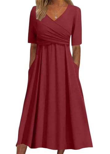 ORANDESIGNE Sommerkleid Damen Kurzarm Blusenkleid Elegant V-Ausschnitt Plissee Midikleid Casual Einfarbig Wickelkleid Hohe Taille Lang Freizeitkleid A Linie Fließend Maxikleid A Rot M von ORANDESIGNE