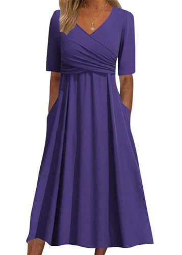 ORANDESIGNE Sommerkleid Damen Kurzarm Blusenkleid Elegant V-Ausschnitt Plissee Midikleid Casual Einfarbig Wickelkleid Hohe Taille Lang Freizeitkleid A Linie Fließend Maxikleid A Violett XS von ORANDESIGNE