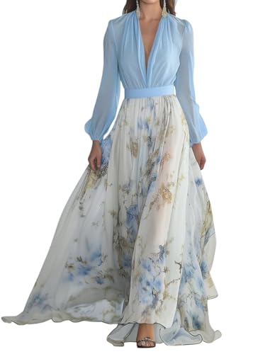 ORANDESIGNE Sommerkleid Damen Lang Chiffonkleid Langarm Blumenkleid V-Ausschnitt Cocktailkleid Hohe Taille Maxikleid mit Gürtel A Blau S von ORANDESIGNE