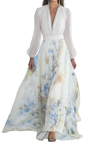 ORANDESIGNE Sommerkleid Damen Lang Chiffonkleid Langarm Blumenkleid V-Ausschnitt Cocktailkleid Hohe Taille Maxikleid mit Gürtel A Weiß 3XL ORANDESIGNE Sommerkleid Damen Lang Chiffonkleid Langarm Blumenkleid V-Ausschnitt Cocktailkleid Hohe Taille Maxikleid mit Gürtel A Weiß 3XL von ORANDESIGNE