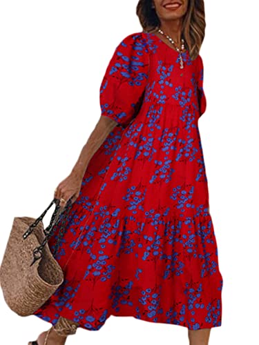 ORANDESIGNE Sommerkleid Damen Lang Maxikleid Elegant Boho Freizeitkleid Sommer Retro Swing Kleid Festlich Große Größen Strandkleid Leinenkleider G Rot XL von ORANDESIGNE