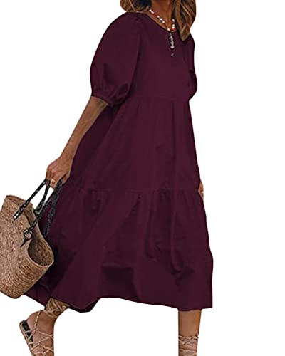 ORANDESIGNE Sommerkleid Damen Lang Maxikleid Elegant Freizeitkleid Sommer Retro Swing Kleid Festlich Große Größen Strandkleid Leinenkleider A Rotwein 3XL von ORANDESIGNE