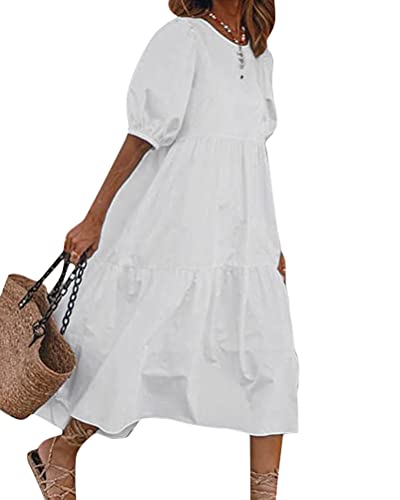 ORANDESIGNE Sommerkleid Damen Lang Maxikleid Elegant Freizeitkleid Sommer Retro Swing Kleid Festlich Große Größen Strandkleid Leinenkleider A Weiß XL von ORANDESIGNE