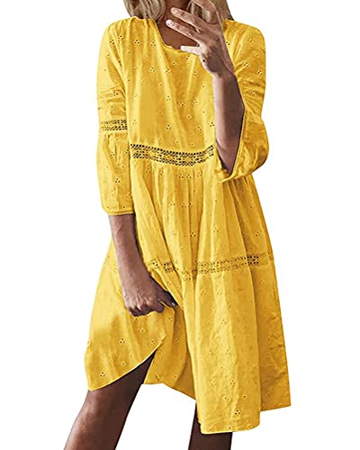 ORANDESIGNE Sommerkleid Damen Lang Maxikleid Elegant Freizeitkleid Sommer Retro Swing Kleid Festlich Große Größen Strandkleid Leinenkleider B Gelb XXL von ORANDESIGNE