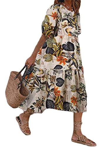 ORANDESIGNE Sommerkleid Damen Lang Maxikleid Elegant Freizeitkleid Sommer Retro Swing Kleid Festlich Große Größen Strandkleid Leinenkleider F Gelb M von ORANDESIGNE