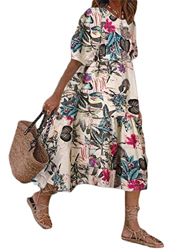 ORANDESIGNE Sommerkleid Damen Lang Maxikleid Elegant Freizeitkleid Sommer Retro Swing Kleid Festlich Große Größen Strandkleid Leinenkleider F Weiß S von ORANDESIGNE