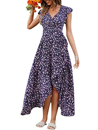 ORANDESIGNE Sommerkleid Damen Lang V-Ausschnitt Wickelkleider Ärmellos Blumen Rüschen Maxikleider Punkte Strandkleider mit Gürtel D Dunkelblau M von ORANDESIGNE