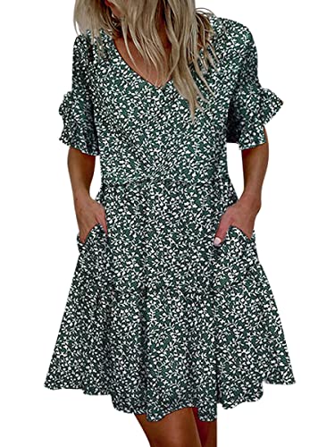 ORANDESIGNE Sommerkleid Damen Leicht Elegant Kurz Tunika Kleid Sommer Boho Freizeitkleid Swingkleid Casual A-Linie Tshirt Minikleid Strandkleid V-Ausschnitt Lässig Shirtkleid Mit Tasche B 02 XXL von ORANDESIGNE