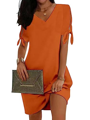 ORANDESIGNE Sommerkleid Damen Leicht Luftig Tunika Kleid Boho Casual V-Ausschnitt Minikleid Lässig Shirtkleid Kurzarm Schulterfreie Kleider Sommer Freizeitkleider Kurz Strandkleid E Orange XL von ORANDESIGNE