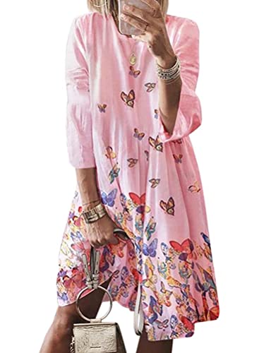 ORANDESIGNE Sommerkleid Damen Leinen Kleider Casual Rundhalsausschnitt Knielanges Kleid Kurzarm A-Linie Kleid Strandkleid Freizeitkleid Shirtkleider Z1 Rosa L von ORANDESIGNE