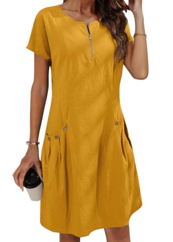 ORANDESIGNE Sommerkleid Damen Leinenkleid Knielang Sommer Casual Rundhals Halber Reißverschluss Kurzarm Freizeitkleid Strandkleider Boho Tunikakleid mit Taschen Dekorative Knöpfe A Gelb XL von ORANDESIGNE