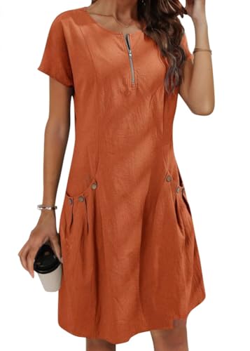 ORANDESIGNE Sommerkleid Damen Leinenkleid Knielang Sommer Casual Rundhals Halber Reißverschluss Kurzarm Freizeitkleid Strandkleider Boho Tunikakleid mit Taschen Dekorative Knöpfe A Orange M von ORANDESIGNE