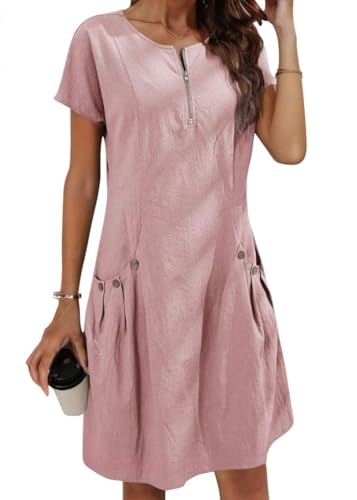 ORANDESIGNE Sommerkleid Damen Leinenkleid Knielang Sommer Casual Rundhals Halber Reißverschluss Kurzarm Freizeitkleid Strandkleider Boho Tunikakleid mit Taschen Dekorative Knöpfe A Rosa XL von ORANDESIGNE