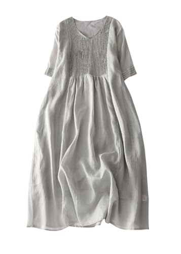 ORANDESIGNE Sommerkleid Damen Leinenkleid V-Ausschnitt Leinen Kleider Casual Strandkleid Kurzarm Einfarbig Hohe Taille Kleid Shirtkleider Freizeitkleid A-Linie Plissiert Midikleid A Grau S von ORANDESIGNE
