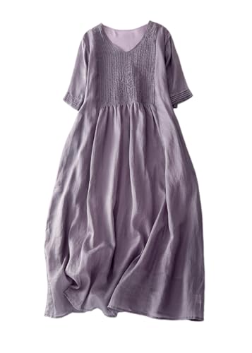 ORANDESIGNE Sommerkleid Damen Leinenkleid V-Ausschnitt Leinen Kleider Casual Strandkleid Kurzarm Einfarbig Hohe Taille Kleid Shirtkleider Freizeitkleid A-Linie Plissiert Midikleid A Lila L von ORANDESIGNE