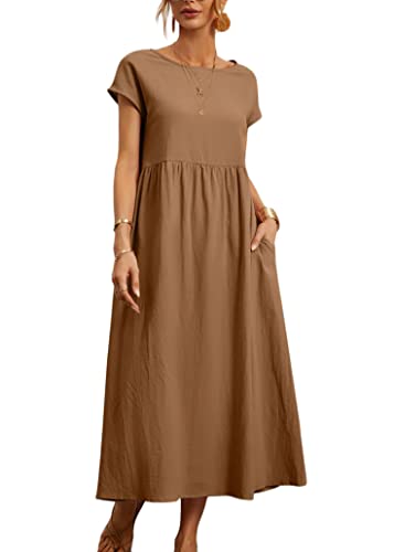 ORANDESIGNE Sommerkleid Damen Leinenkleider Casual Rundhals Kurzarm Freizeitkleid Strandkleider Lange Kleider Kaftan Boho Maxikleider Große Größen Sommer Maxikleid mit Taschen A Khaki 3XL von ORANDESIGNE