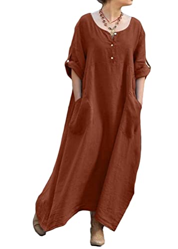 ORANDESIGNE Sommerkleid Damen Leinenkleider Casual Rundhals Kurzarm Freizeitkleid Strandkleider Lange Kleider Kaftan Boho Maxikleider Große Größen Sommer Maxikleid mit Taschen B Braun 3XL von ORANDESIGNE