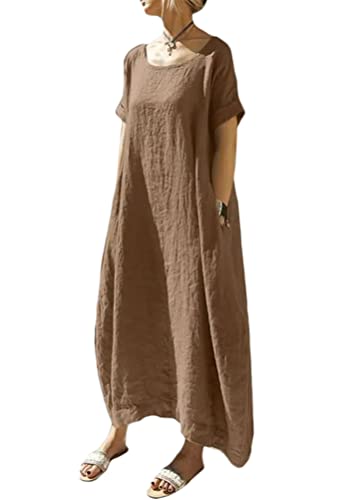 ORANDESIGNE Sommerkleid Damen Leinenkleider Casual Rundhals Kurzarm Freizeitkleid Strandkleider Lange Kleider Kaftan Boho Maxikleider Große Größen Sommer Maxikleid mit Taschen C Braun 3XL von ORANDESIGNE