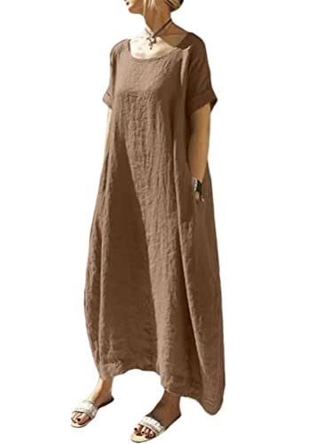 ORANDESIGNE Sommerkleid Damen Leinenkleider Casual Rundhals Kurzarm Freizeitkleid Strandkleider Lange Kleider Kaftan Boho Maxikleider Große Größen Sommer Maxikleid mit Taschen C Braun L von ORANDESIGNE