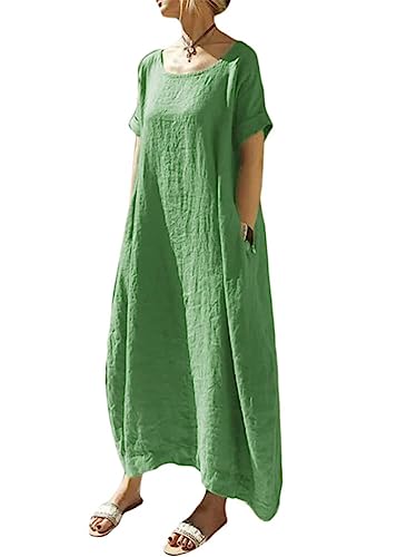 ORANDESIGNE Sommerkleid Damen Leinenkleider Casual Rundhals Kurzarm Freizeitkleid Strandkleider Lange Kleider Kaftan Boho Maxikleider Große Größen Sommer Maxikleid mit Taschen C Grün 3XL von ORANDESIGNE