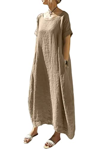 ORANDESIGNE Sommerkleid Damen Leinenkleider Casual Rundhals Kurzarm Freizeitkleid Strandkleider Lange Kleider Kaftan Boho Maxikleider Große Größen Sommer Maxikleid mit Taschen C Khaki 3XL von ORANDESIGNE