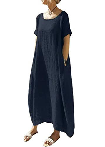 ORANDESIGNE Sommerkleid Damen Leinenkleider Casual Rundhals Kurzarm Freizeitkleid Strandkleider Lange Kleider Kaftan Boho Maxikleider Große Größen Sommer Maxikleid mit Taschen C Marine 3XL von ORANDESIGNE