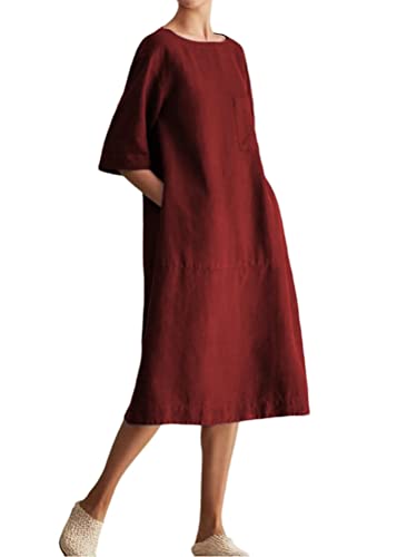 ORANDESIGNE Sommerkleid Damen Leinenkleider Casual Rundhals Kurzarm Freizeitkleid Strandkleider Lange Kleider Kaftan Boho Maxikleider Große Größen Sommer Maxikleid mit Taschen D Weinrot, XXL von ORANDESIGNE
