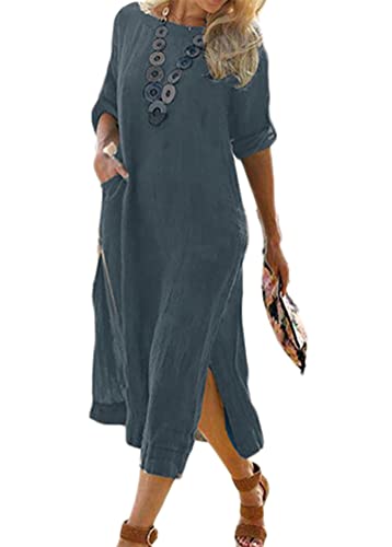 ORANDESIGNE Sommerkleid Damen Leinenkleider Casual Rundhals Kurzarm Freizeitkleid Strandkleider Lange Kleider Kaftan Boho Maxikleider Große Größen Sommer Maxikleid mit Taschen E Grau 3XL von ORANDESIGNE