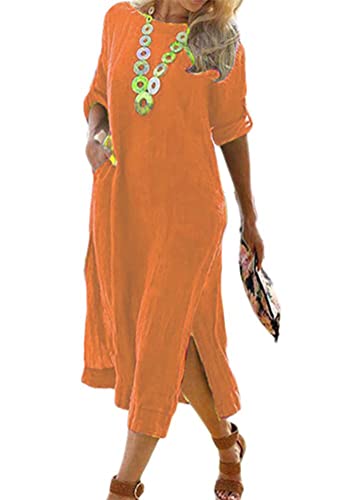 ORANDESIGNE Sommerkleid Damen Leinenkleider Casual Rundhals Kurzarm Freizeitkleid Strandkleider Lange Kleider Kaftan Boho Maxikleider Große Größen Sommer Maxikleid mit Taschen E Orange 3XL von ORANDESIGNE