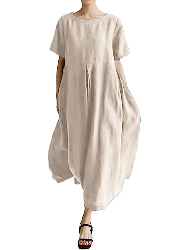 ORANDESIGNE Sommerkleid Damen Leinenkleider Sommer Casual Rundhals Kurzarm Freizeitkleid Strandkleider Boho Locker Maxikleid Langes Leinen Baumwolle Kleid mit Taschen C Beige L von ORANDESIGNE