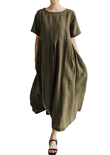 ORANDESIGNE Sommerkleid Damen Leinenkleider Sommer Casual Rundhals Kurzarm Freizeitkleid Strandkleider Boho Locker Maxikleid Langes Leinen Baumwolle Kleid mit Taschen C Grün L von ORANDESIGNE
