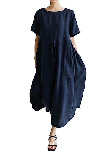 ORANDESIGNE Sommerkleid Damen Leinenkleider Sommer Casual Rundhals Kurzarm Freizeitkleid Strandkleider Boho Locker Maxikleid Langes Leinen Baumwolle Kleid mit Taschen C Marine XL von ORANDESIGNE