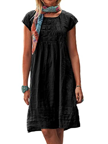 ORANDESIGNE Sommerkleid Damen Leinenkleider Sommer Casual Rundhalsausschnitt Kurzarm Freizeitkleid Strandkleider Boho Langes Kleid mit Taschen B Schwarz L von ORANDESIGNE